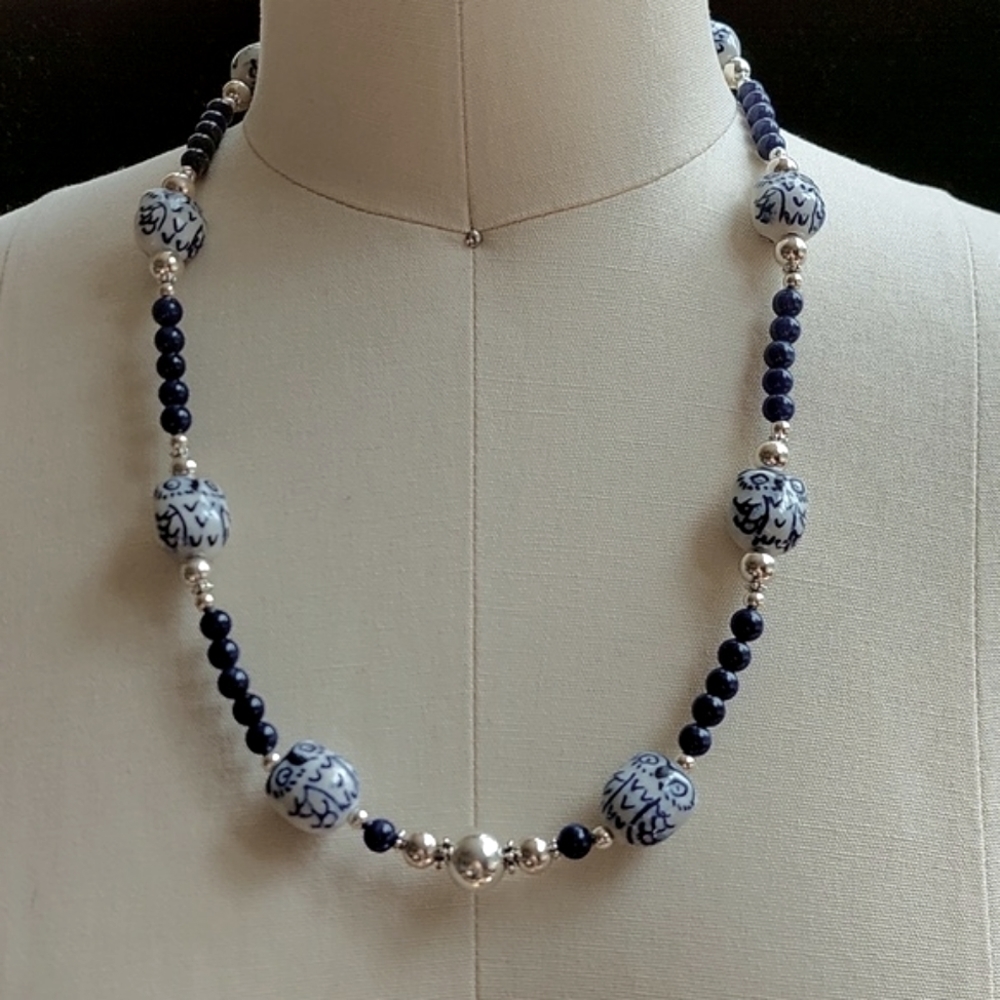 Beaded Owl and Sodalite with Sterling Silver Necklace